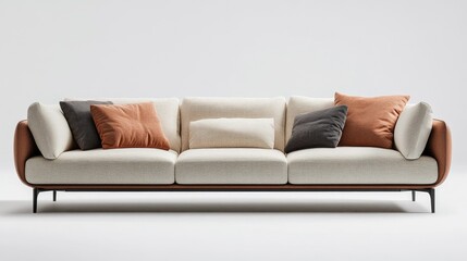 Modern Elegant Sofa with Colorful Cushions on a White Background