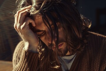 Portrait of a man with beard and long hair, touching his face, showing concern or stress. He might be deep in thought or dealing with a challenging situation.