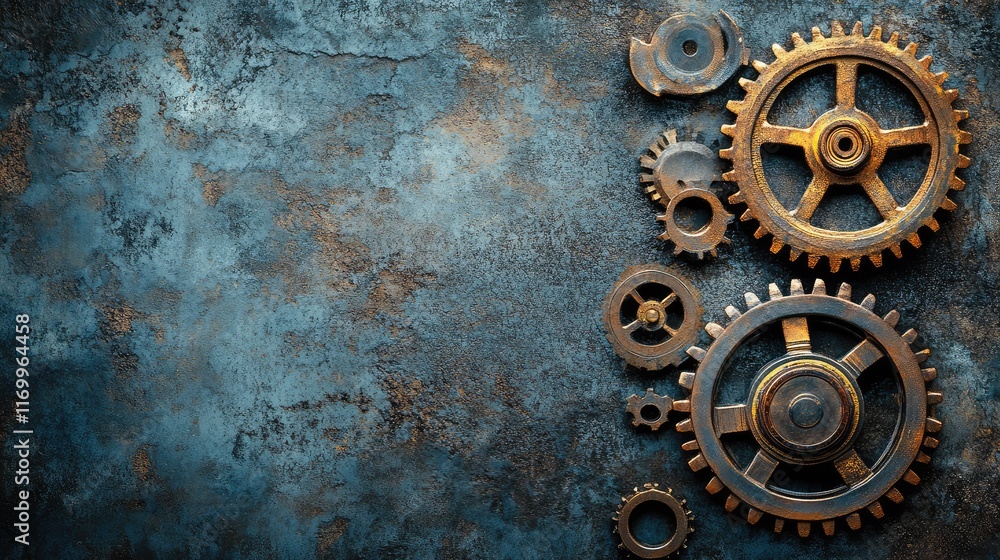 Poster a steampunk cogwheel and valve arrangement, set on a weathered metallic surface with ample copy spac