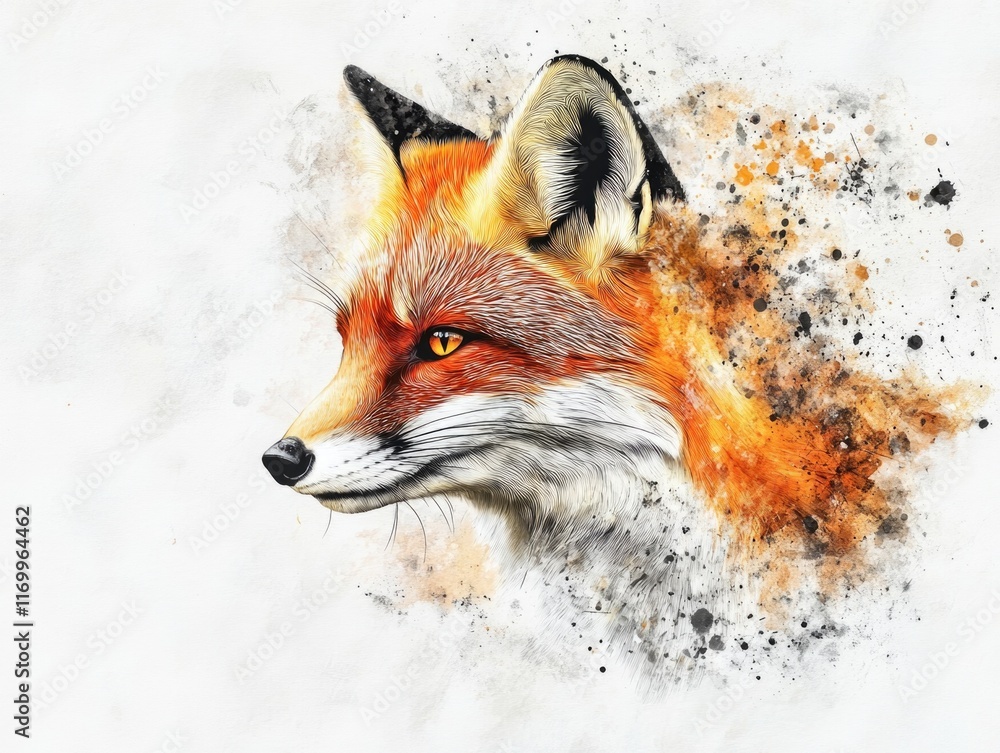 Poster fox with a yellow eye is the main focus of the image. the background is a white color and the fox is