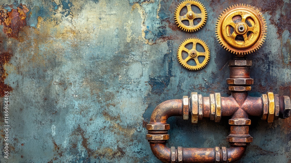 Poster a steampunk cogwheel and valve arrangement, set on a weathered metallic surface with ample copy spac
