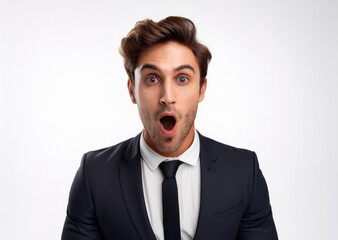 Young businessman in a dark suit, surprised and energetic facial expression, isolated on a white background