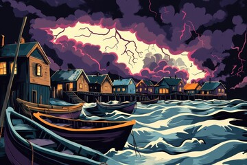 Obraz premium Coastal Village Under a Dramatic Thunderstorm Sky