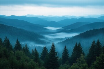 Naklejka premium Scenic view of misty blue mountains and evergreen forests in early morning light