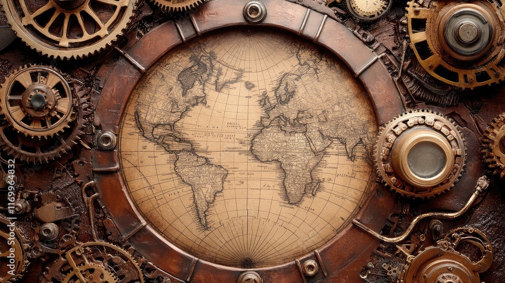 Aufkleber a vintage steampunk map design with intricate mechanical elements surrounding a blank area, perfect 