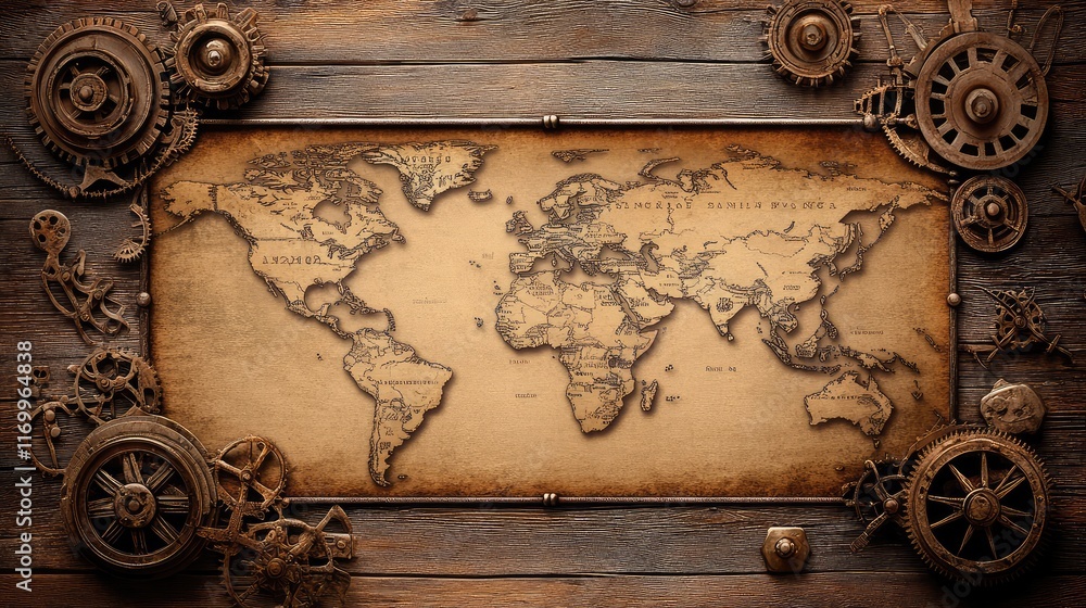 Poster a vintage steampunk map design with intricate mechanical elements surrounding a blank area, perfect 