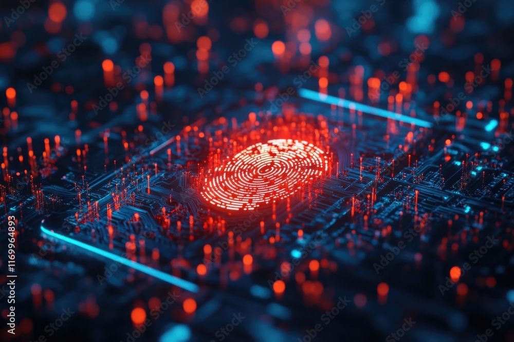 Poster red fingerprint is displayed on a blue background. concept of security and protection, as fingerprin