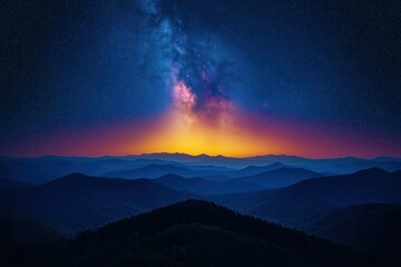 Stunning night sky over mountain range with vibrant colors and starry backdrop in a tranquil setting