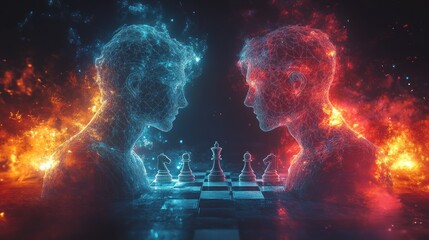 Two abstract figures contemplating a chess game.