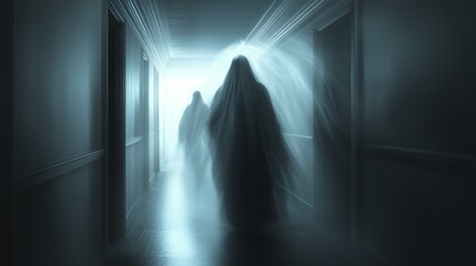 Fototapeta premium Hauntingly Near: A Glimpse of a Ghostly Female Figure
