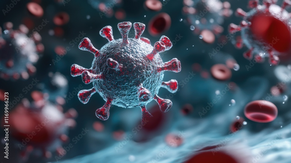 Poster infectious particles with red blood cells in circulation. microscopic view of a virus in the bloodst