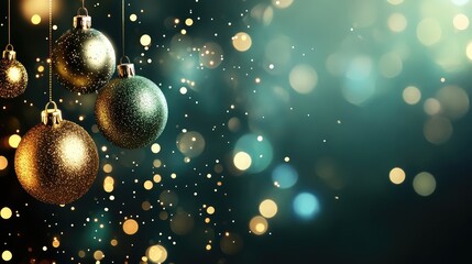 Dark green holiday background with glowing golden baubles and faint twinkling lights for an elegant effect. No text, no people.