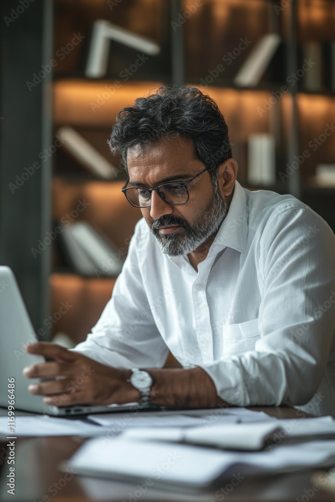 Poster man wearing glasses typing on computer keyboard.