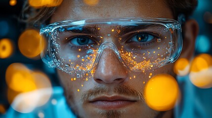 Young Man Wearing Safety Glasses With Glowing Particles