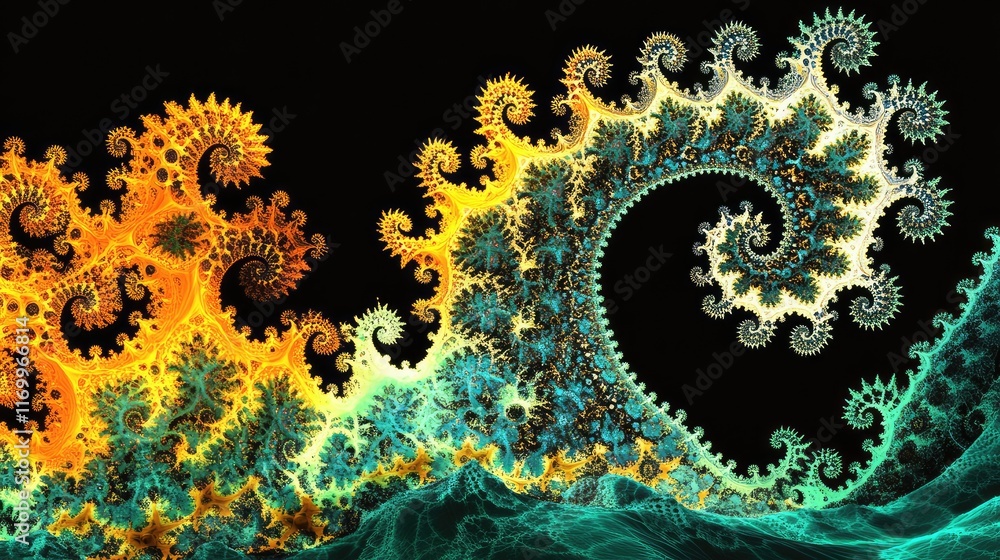 Poster digital landscape created by ai, featuring intricate, glowing fractal patterns in neon colors agains