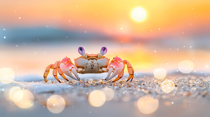 Naklejka premium crab walking on beach at sunset, showcasing vibrant colors and serene atmosphere