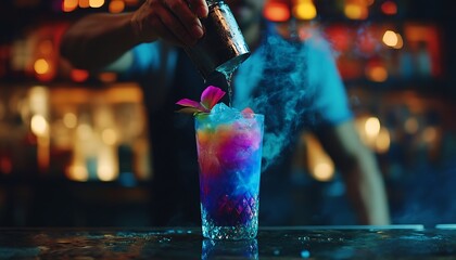 A bartender skillfully pouring a vibrant, colorful cocktail with smoke effects.
