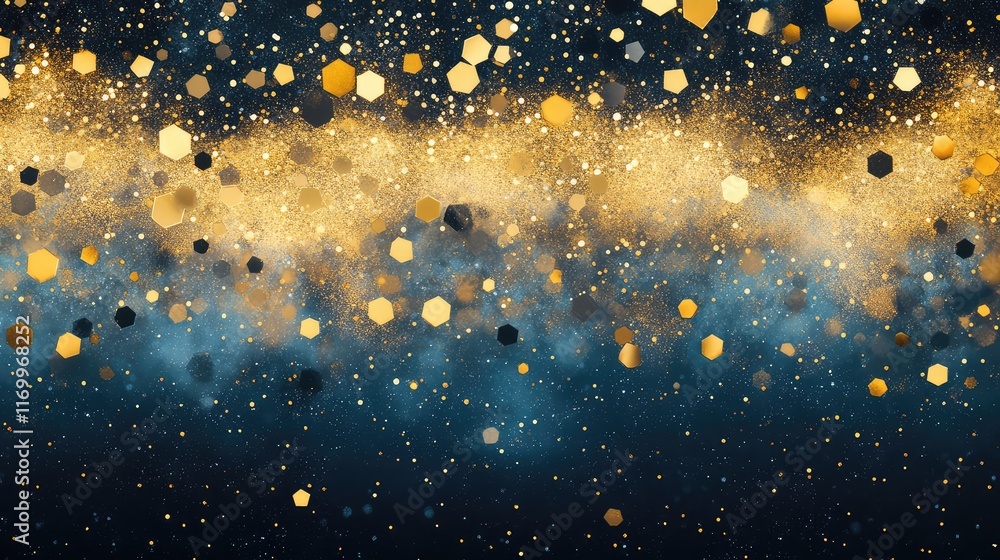 Poster golden hexagonal patterns layered over a soft gradient background in deep blue and black tones. no t