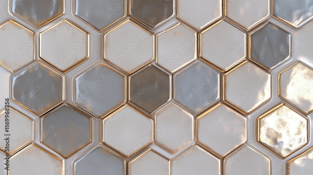 Poster geometric pattern of hexagonal tiles with a subtle metallic texture in silver and gray for a modern 