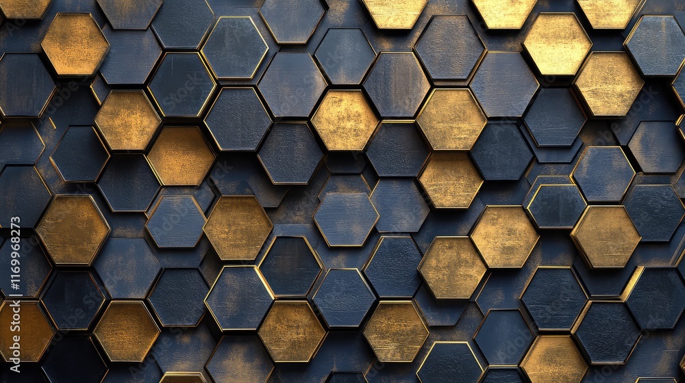 Poster golden hexagonal patterns layered over a soft gradient background in deep blue and black tones. no t