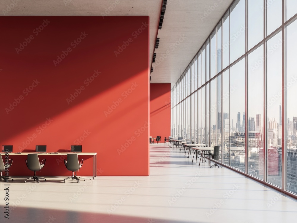 Poster large open office space with a red wall and lots of windows. the room is filled with desks and chair