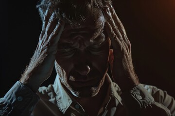 Man with hands on head, showing stress and mental strain.