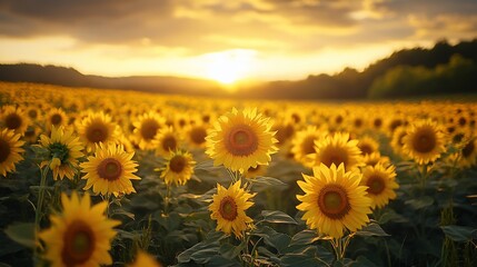 Fototapeta premium Sunflowers Bloom Golden At Sunset In A Field