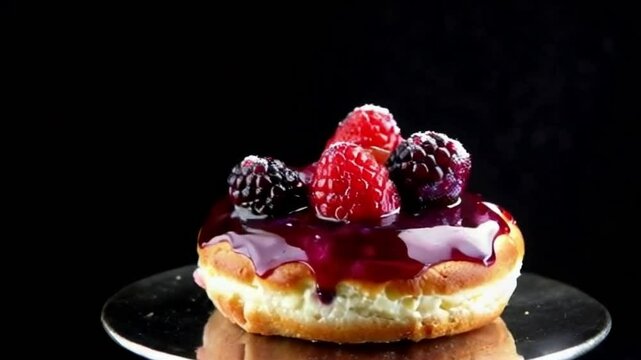 Berry cronut on a glossy pedestal, spotlighting vibrant red and purple glaze tones for a dramatic luxurious visual