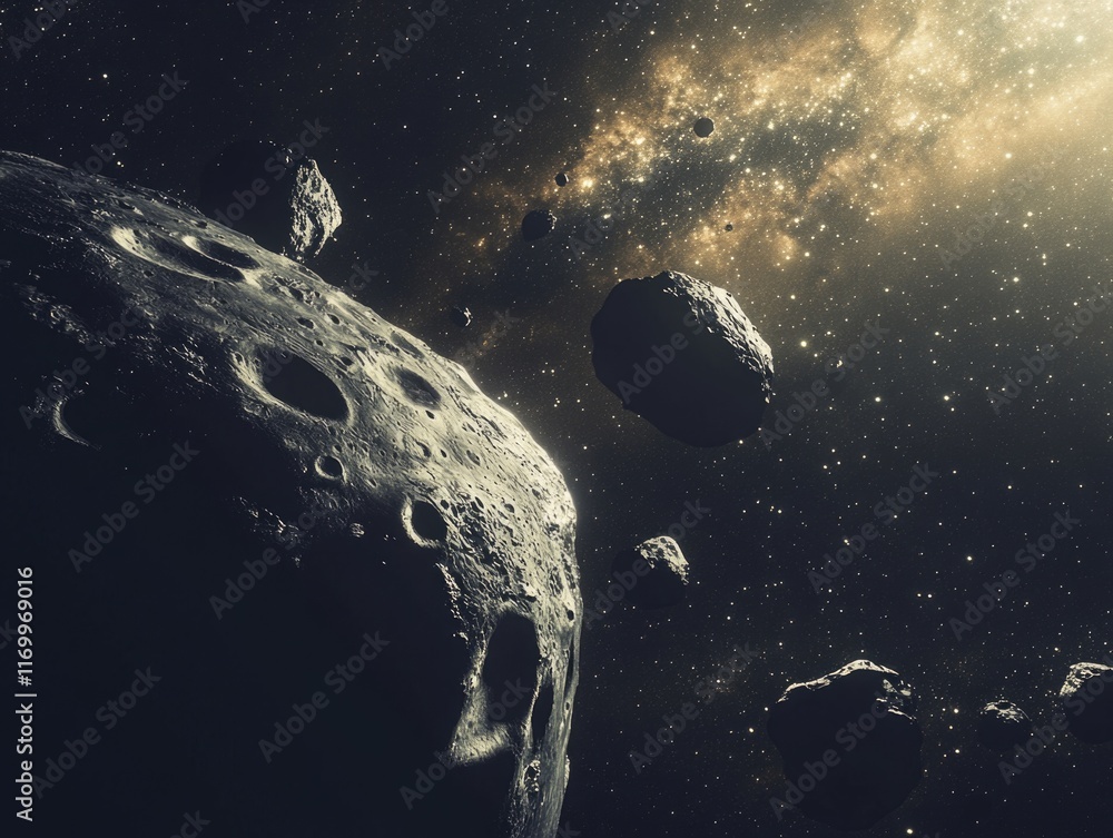 Poster large rock is floating in space with many smaller rocks surrounding it. the scene is dark and myster