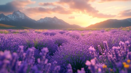 Fototapeta premium Lavender Field Sunset Majestic Mountain View