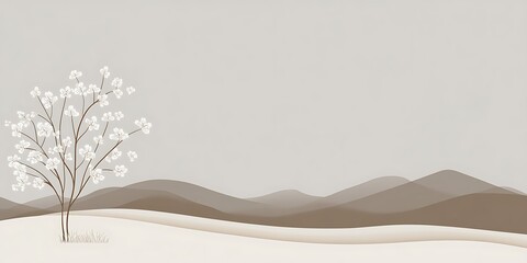 Blooming tree serene landscape minimalist design.
