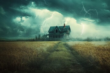 Naklejka premium Abandoned Farmhouse Under a Dramatic Thunderstorm