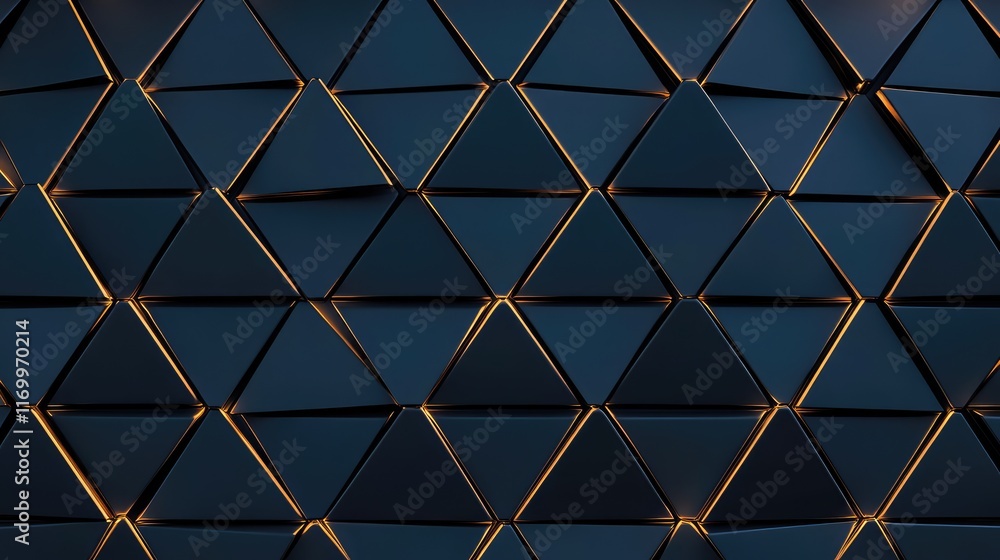 Poster minimalistic design featuring a grid of perfectly aligned triangles in black and gold tones on a dar