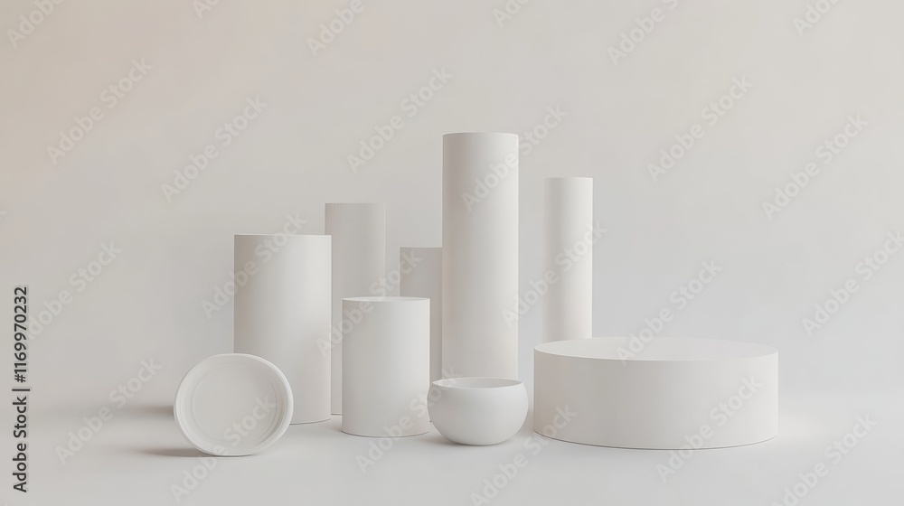 Poster minimalist d blocks and cylinders arranged symmetrically on a clean white background. no text, no pe