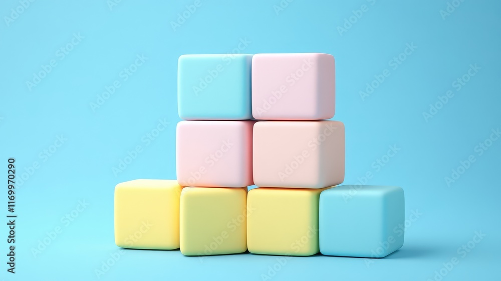 Poster minimalist d blocks stacked in a neat arrangement with a matte finish in pastel tones. no text, no p