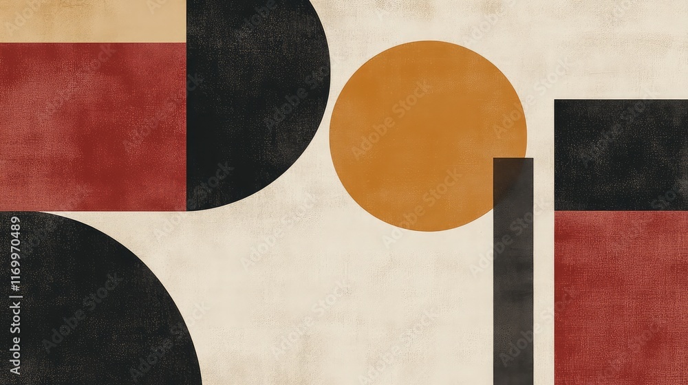 Poster minimalist geometric pattern with overlapping circular and square shapes in muted earth tones. no te