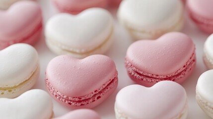 Obraz premium Heart-shaped macarons, pastel colors, pink and white colors, Valentine dessert, Valentine Day, sweet dessert pattern