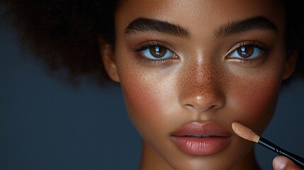 Obraz premium Woman Applying Makeup Concealer With Brush