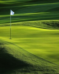 Beautiful green golf course with a flag.