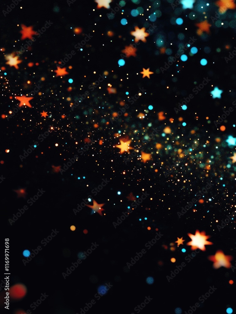 Poster black background with a lot of stars in different colors. the stars are scattered all over the backg