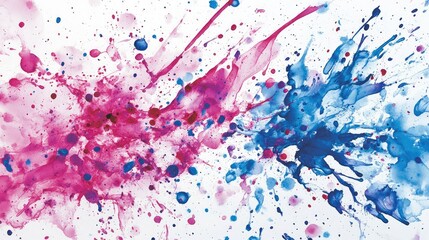 Fototapeta premium Splashes of vivid ink in pink, blue, and purple scattered across a white background for a bold artistic statement. No text, no people.