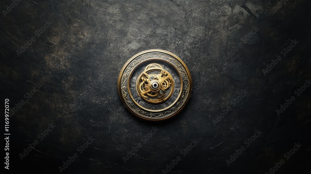 Poster steampunk-inspired timepiece with intricate mechanical gears on a dark background, providing ample c