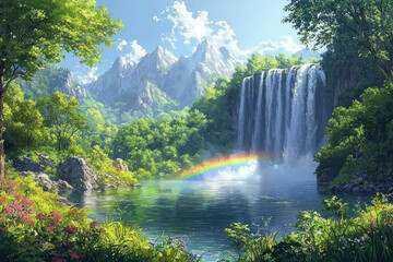 Idyllic landscape with waterfall, rainbow, and mountains.
