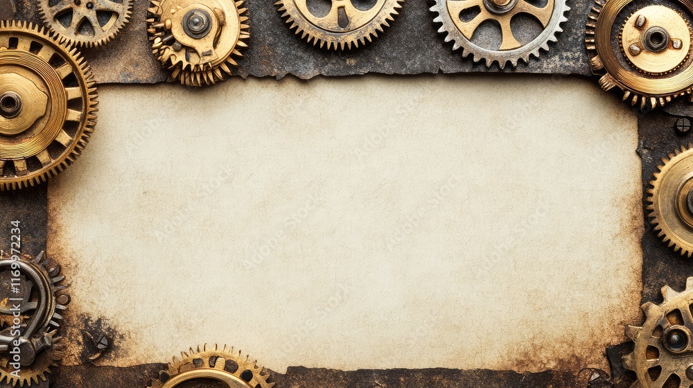 Poster steampunk clockwork mechanisms with exposed brass gears and an old-fashioned design, leaving plenty 