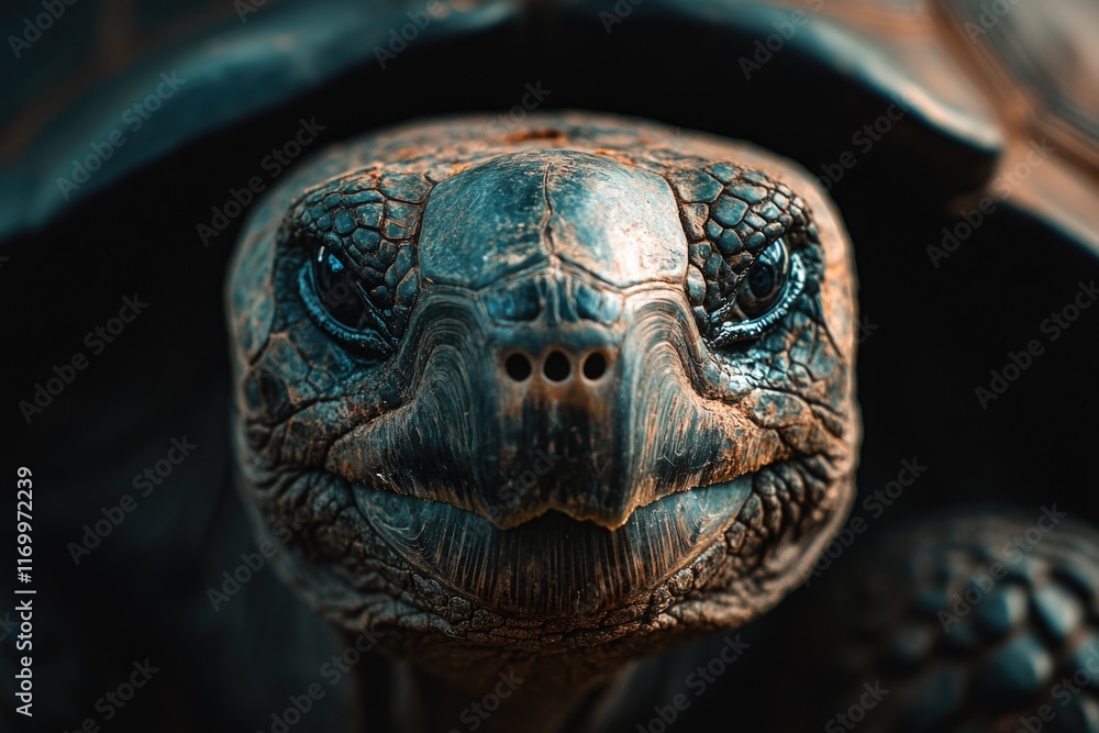 Poster an angry turtle looking at the camera, with a focused and intense facial expression. this image capt