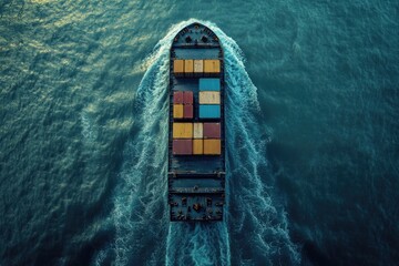 Vessel with multiple cargo containers navigating through the ocean, symbolizing international shipping and logistics.