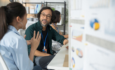 Obraz premium Group of young Asian professionals collaborating presentation project meeting in a modern office. Brainstorming innovative ideas for a new business venture.