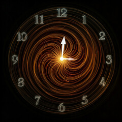 "Abstract image of a clock with a swirling light trail forming a spiral inside the clock face."

