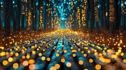 Naklejka premium Enchanted Forest Pathway with Glowing Lights and Dreamy Atmosphere in Evening Setting