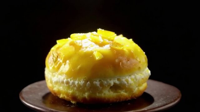 Lemon cronut on a black pedestal spotlighting yellow glaze with gleaming zest, creating a fresh striking ambiance